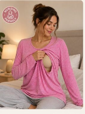 Soft Stretch Red& White Striped Nursing Sleep Shirt | Breastfeeding Friendly